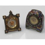 A cloisonne enamel desk clock with Arabic dial (12cm high) and a brass easel back desk clock (12.