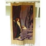 An Arts & Crafts textile wall hanging, circa 1890, maiden walking through beach cove,