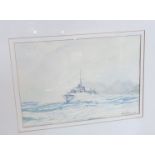 JAC MAHONEY: A watercolour of battleship in choppy waters,