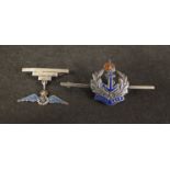 A George V RAF sweetheart brooch, sterling silver with blue guilloche wings,