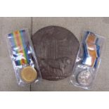 A WWI pair of medals with memorial plaque / death penny to 8912 PTE.