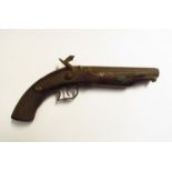 A 19th Century flintlock - percussion conversion pistol with crosshatch grip, shaped trigger guard,