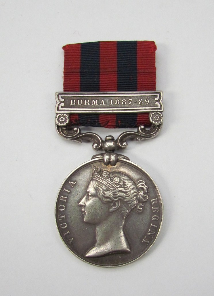 A Victorian General Service Medal (GSM) with Burma 1887-89 clasp and scrolled suspension.