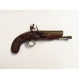 A mid-late 18th Century flintlock pistol by Clark with crosshatch grip and associated ramrod,