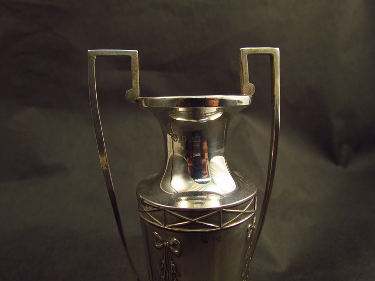 A William Hutton and Sons Ltd silver twin handled stem vase, with ribbon and floral swag detail, - Image 2 of 2