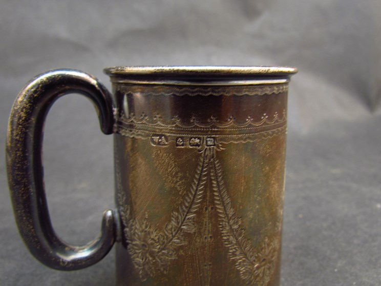 A William Aitken small silver tankard with engraved decoration and presentation inscription, - Image 4 of 4