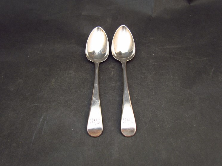 A Peter, Ann and William Bateman pair of silver tablespoons, London 1805, monogrammed handles,