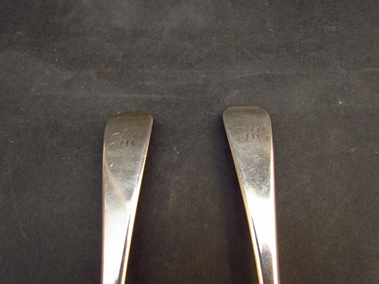 A Peter, Ann and William Bateman pair of silver tablespoons, London 1805, monogrammed handles, - Image 2 of 3