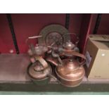 Assorted copper ware including kettles, Turkish charger,