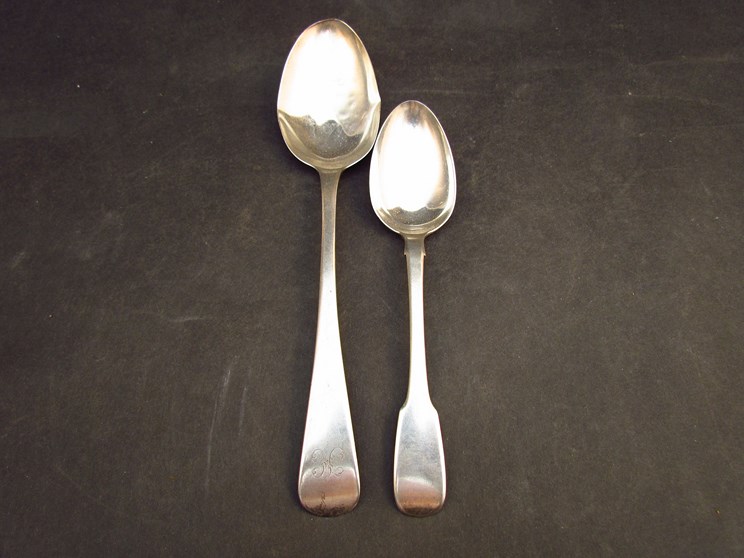 An Alice & George Burrows II silver table spoon, London 1817 and a silver dessert spoon,