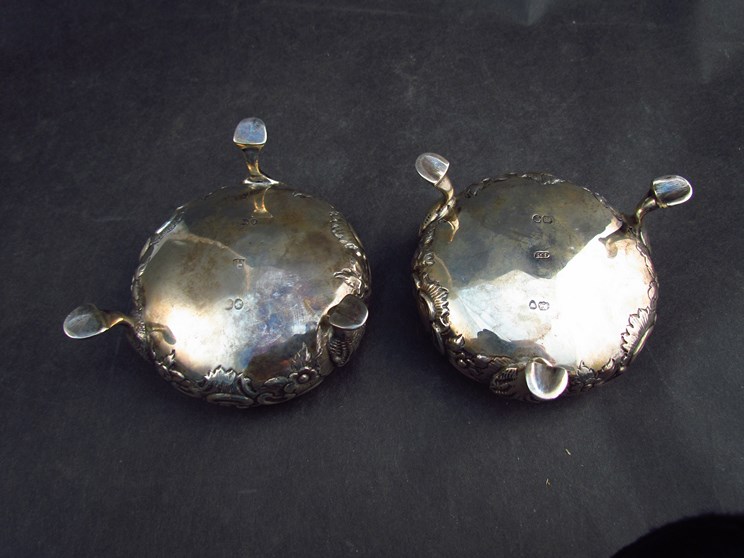 A pair of Robert Death silver salts, gilt bowls with embossed bodies raised on shell and hoof feet, - Image 2 of 2