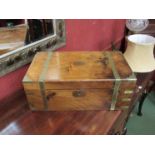 An oak and brass banded writing box with contents