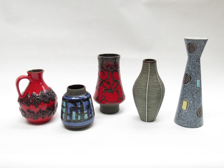 Four West German art pottery vases and a similar fat Lava jug, tallest 27.