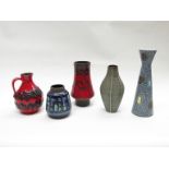 Four West German art pottery vases and a similar fat Lava jug, tallest 27.