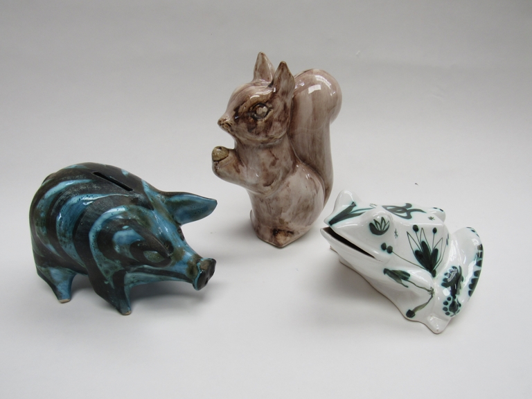 David Sharpe for Rye - Three animal money boxes, pig, squirrel and frog,