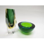 A Murano Sommerso facetted vase in the green and yellow and a circular dish in blue and green,