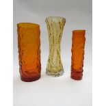 Three bark textured amber glass vases including Swedish example. Tallest 26.