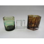 A Scandinavian glass bud vase and two other vintage art glass clear moulded vases.