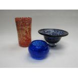 A Reijmyre Glass dish in mottled blue and amethyst, smaller blue bowl and orange vase,