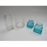 Four Frank Thrower Dartington glass vases in clear and blue, FT2, FT59,