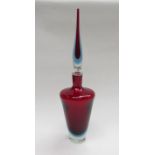 A Murano cased glass bottled and stopper in ruby and blue (flake chip to base,