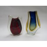 Two Murano style vases in blue and yellow and red and mottled blue and yellow and red and mottled