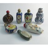 Seven various enamelled opium bottles including one with painted decoration of a sage with crane