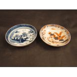 Two Lowestoft saucers, blue and white Pagoda pattern and dolls house and fern,