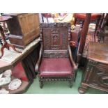 A Gothic carver chair with 17th Century panelled back,