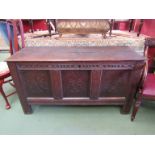 An 18th Century oak triple panel coffer with strengthening bar to top, a/f,