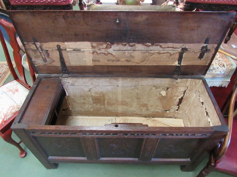 An 18th Century oak triple panel coffer with strengthening bar to top, a/f, - Image 2 of 2
