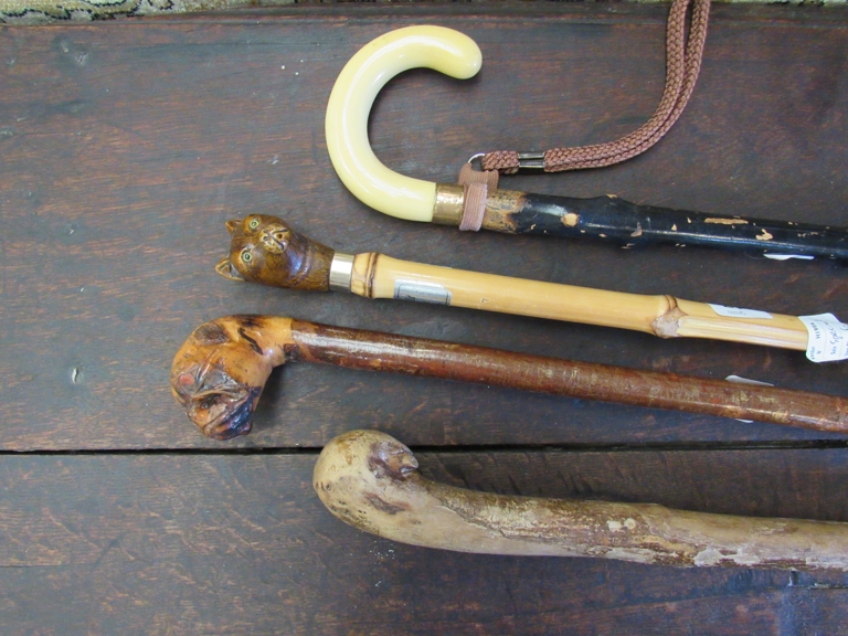 Four walking sticks including dog and cat handle examples