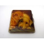 A John Rose silver enamelled cigarette case depicting a ginger cat and dog inscription to inside,