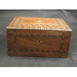 A 19th Century parquetry walnut jewellery box with silk cushion interior of lid