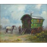 STEPHEN WALKER (1900-2004) Oil on canvas, green gypsy wagon with female at doorway,