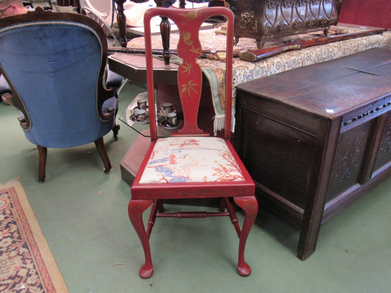 A pair of painted Queen Anne style chairs, with Oriental decoration,