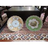 Two Victorian cabinet plates with handpainted landscape and floral detail,