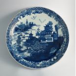 A Lowestoft transfer printed blue and white pagoda pattern dish, mid to late 19th Century,