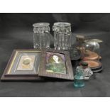 A pair of glass lustres, glass dome, lacquered desk stand, postal scales,