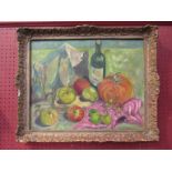 A gilt framed oil on board, still life of fruit and wine by Ann Gunn, signed lower left,