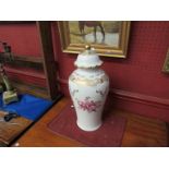 A Dresden style lidded vase with gilt and floral detail, Crown & W Mark 1764 to base,