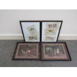 A box of prints including hunting scenes and framed embroidered war time postcards