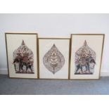 A pair of 20th Century pierced and painted leather elephant pictures and another similar (3)