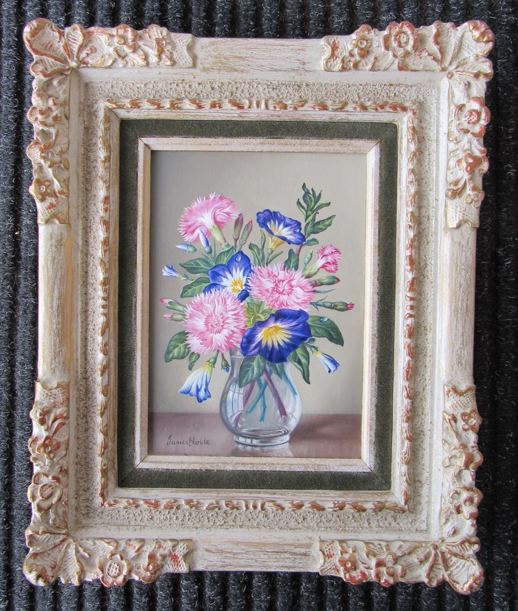 JAMES NOBLE (1919-1989) An ornately framed oil on board floral still life entitled 'Convolvulus & - Bild 2 aus 3