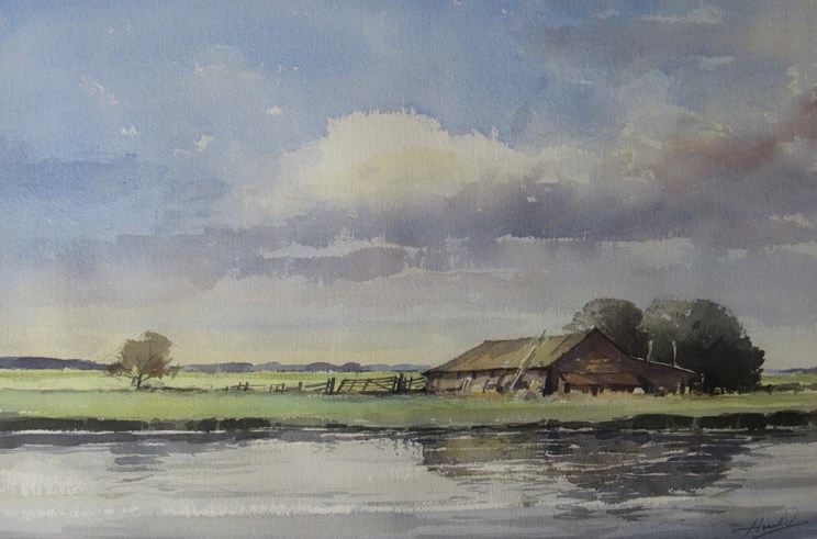 GRAHAM HOWLETT (XX) rural landscape depicting water meadows with barn, river to foreground,