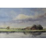 GRAHAM HOWLETT (XX) rural landscape depicting water meadows with barn, river to foreground,