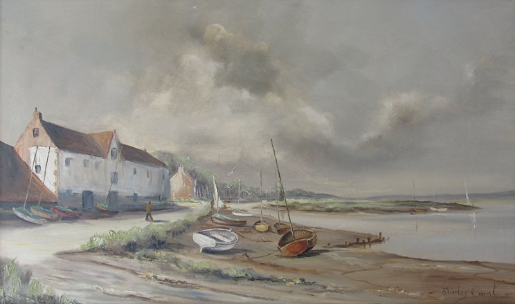 SHIRLEY CARNT (XX) A framed oil on canvas of Burnham Overy Staithe, Norfolk signed bottom right.