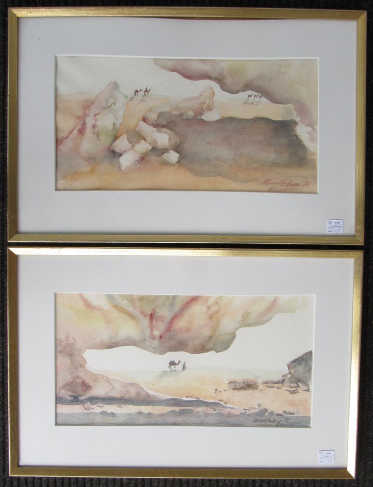 Two framed and glazed watercolours of Egyptian scenes with camels,