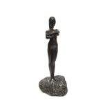 KEREK (XX) : Standing female nude looking down at a crab. bronzed composition, 18.5cm tall.