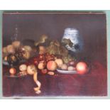 A 19thC oil on canvas still life study of fruit with a glass roemer and ceramic lidded canister.